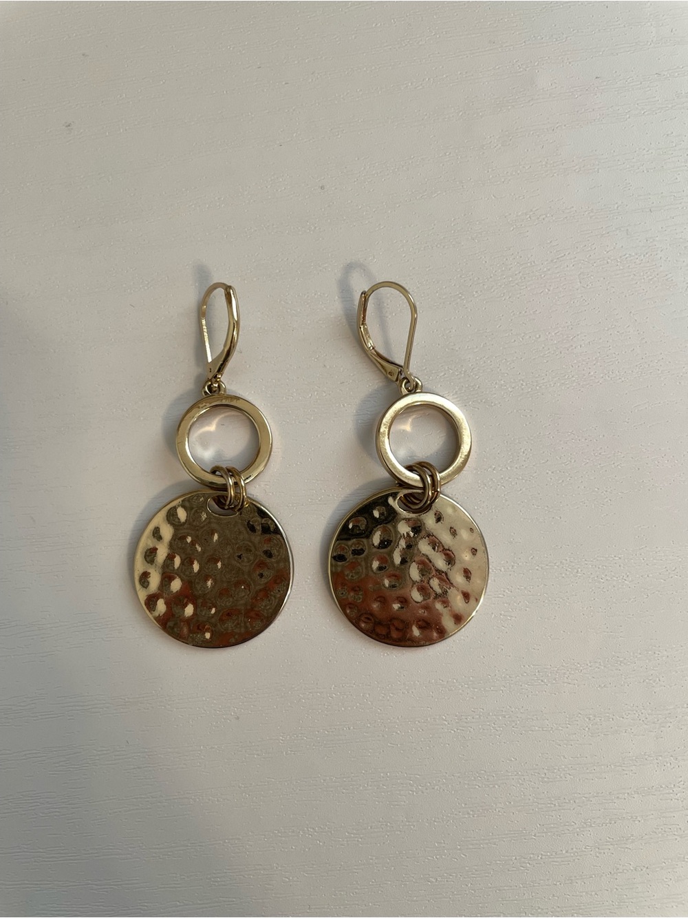 Medium gold hammered disk drop earrings